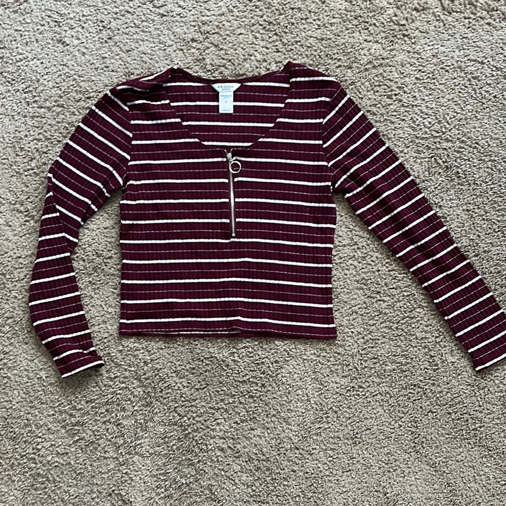 Striped Burgundy Shirt with Zipper Detail